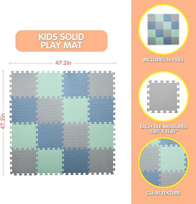 16 Tiles Foam Play Mat for Baby, Soft & Safe EVA Foam Mats for Floor, Square Baby Play Mat, Kids Foam Puzzle Floor Mat, 47x47 Play Mat for Playpen(Gray/(Bean Green/Gray Blue)
