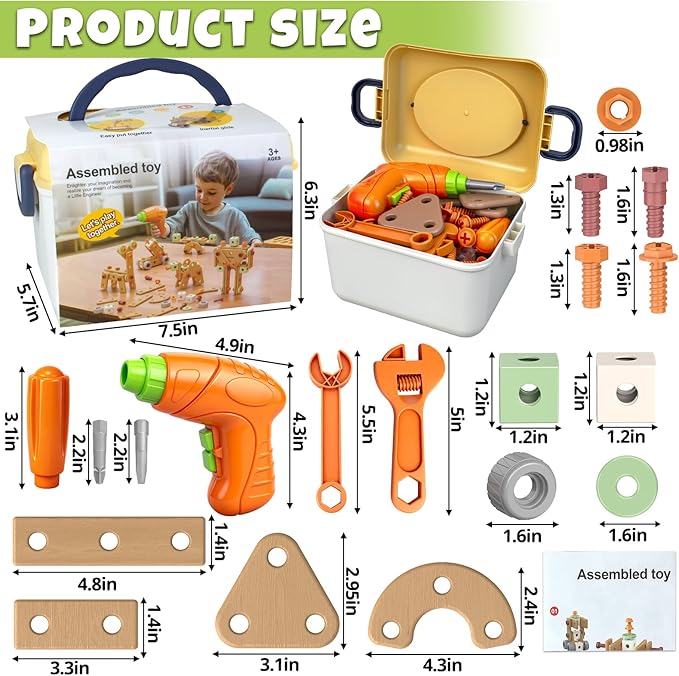 YongnKids 158 Pcs Kids Tool Set with Drill, Construction STEM Building Blocks with Storage Box Educational Tool Kit Pretend Play Kid Toy for Kids Age 3 4 5 6 7 8 Years Birthday Gift