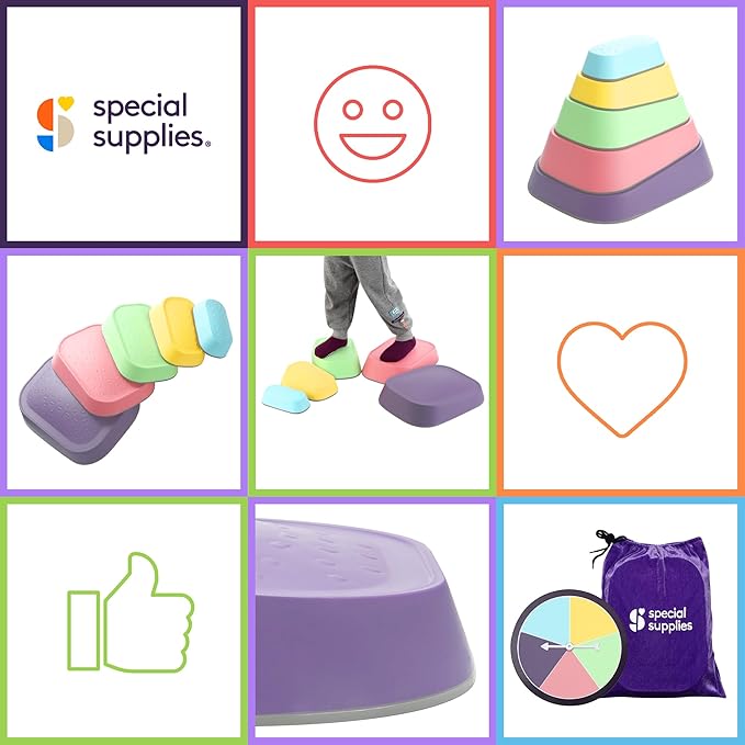 Special Supplies Set of 5 Stepping Stones for Kids Indoor and Outdoor Balance Blocks Promote Coordination, Balance Strength Child Safe Rubber, Non-Slip Edging (Rainbow)