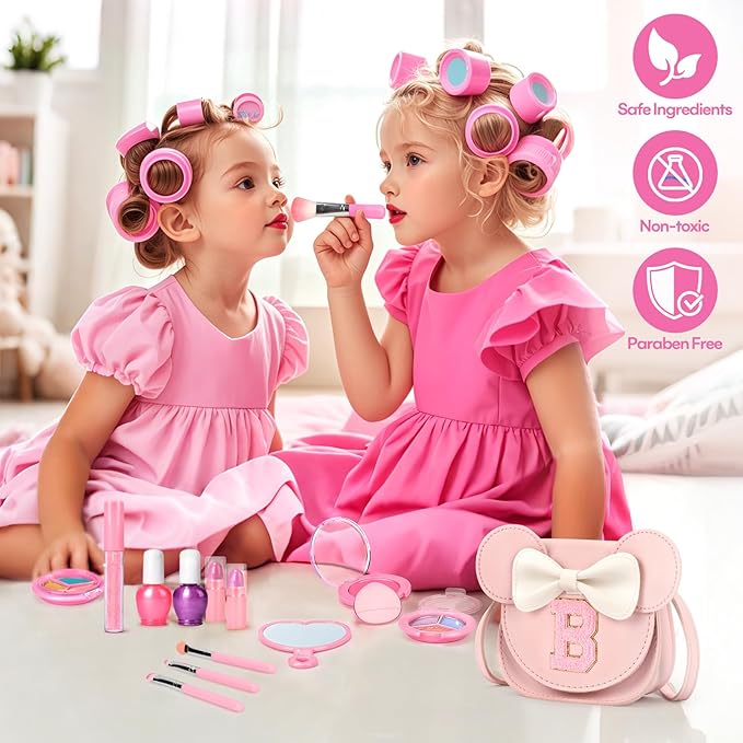 Kids Makeup Kit for Girls - 15 Pcs Real Washable Make Up Set - Non Toxic Toddlers Cosmetic with Letter Mouse Ear Purse - Dress up Birthday Gifts for 3 4 5 6 7 8 Years Old Girls - B
