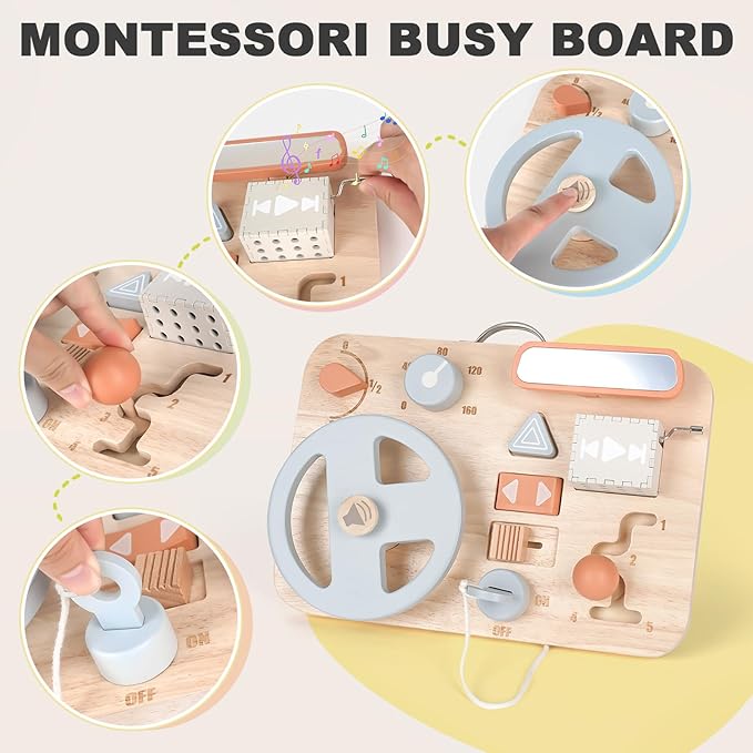 Vanplay Montessori Busy Board for Toddlers - Wooden Montessori Toys, Aesthetic Sensory Activity for Fine Motor Skills, Travel Busy Board Educational Sensory Toys for Boys and Girls