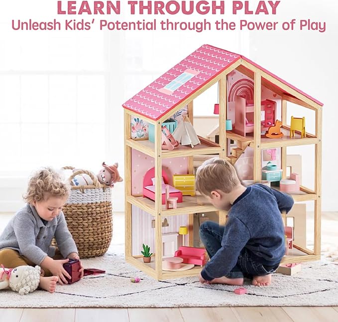 Tiny Land Wooden Dollhouse for Girls - 6 Rooms Wooden Doll House, DIY Pretend Doll House with 31Pcs Furniture Accessories, Creative Gift for Girl Ages 3+