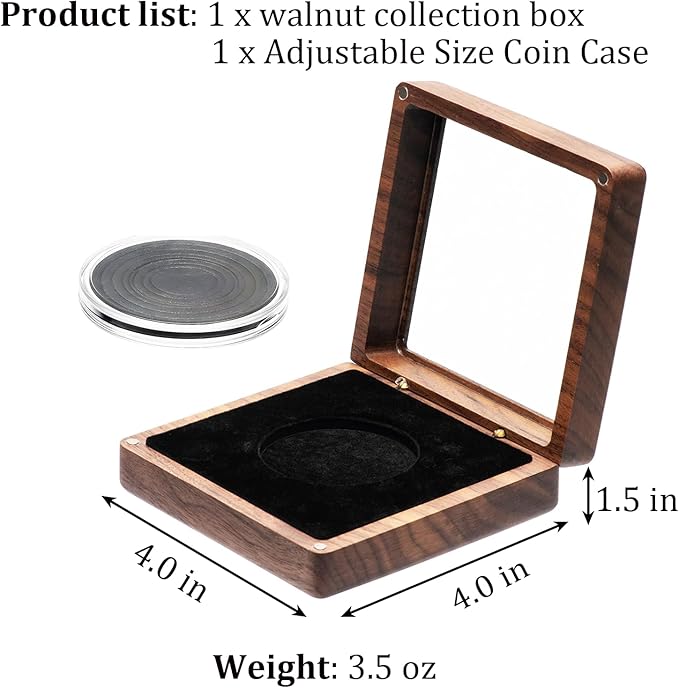Walnut Wood Coin Display Case, Challenge Coin Holder, Acrylic Clear Cover, Compatible with Coins Measuring 17/20/25/27/30/35/40/46mm in Diameter and Less Than 3mm in Thickness