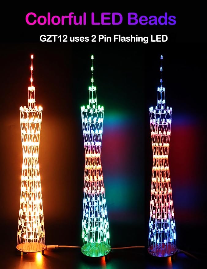 Led Canton Tower Model DIY Electronic Kit, LED Cube Model Handmade Soldering Project Kit, 12 LED Circles, Height 38cm. (GZT-12 KIT)