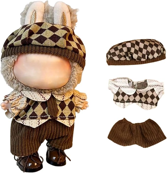17cm Clothes Set, Cute Hat Unique Pocket Design Overalls Dress up Set(NO Doll), Handmade Clothing Designed for 17cm Doll (Brown Set 1)