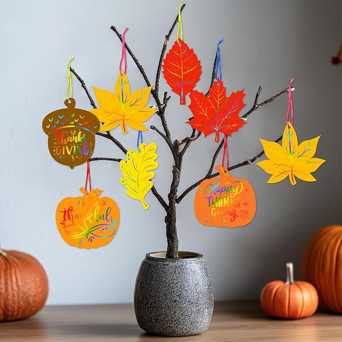 Eternity sky 64 Sets Fall Thanksgiving Crafts Colorful Leaves Pumpkin Scratch Art, Autumn Magic DIY Kit Classroom Activities Party Favors
