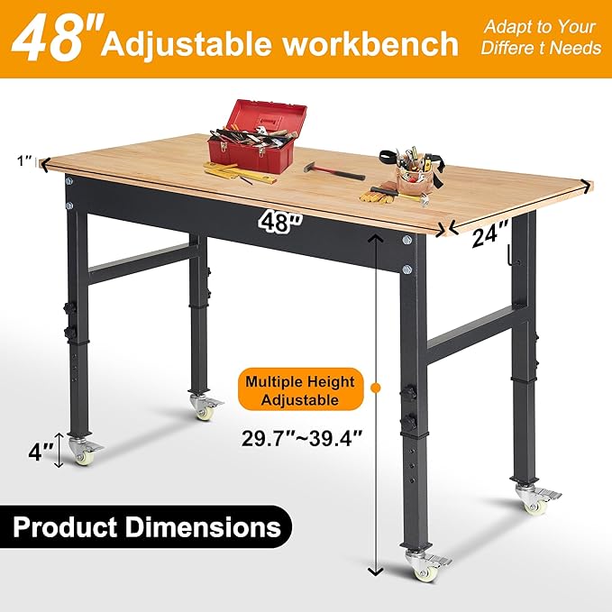 48" Adjustable Work Bench, Rubber Wood Top Workbench Heavy-Duty Work Table with Wheels, 2000 LBS Load Capacity Hardwood Work Benches for Garage, Workshop, Home, Office, Easy Assembly
