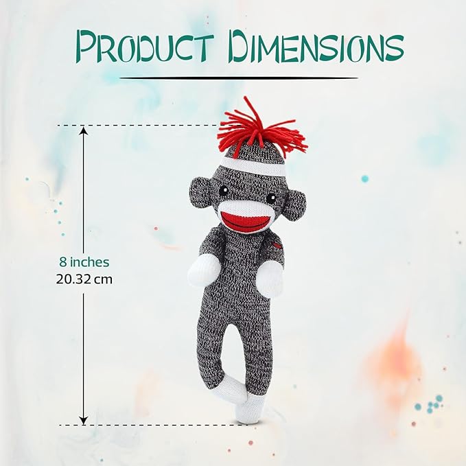 Adorable Sock Monkey 8 inch, The Original Traditional Hand Knitted Stuffed Animal Toy Gift-for Kids, Babies, Teens, Girls and Boys Baby Doll Present Puppet (Brown 8inch)