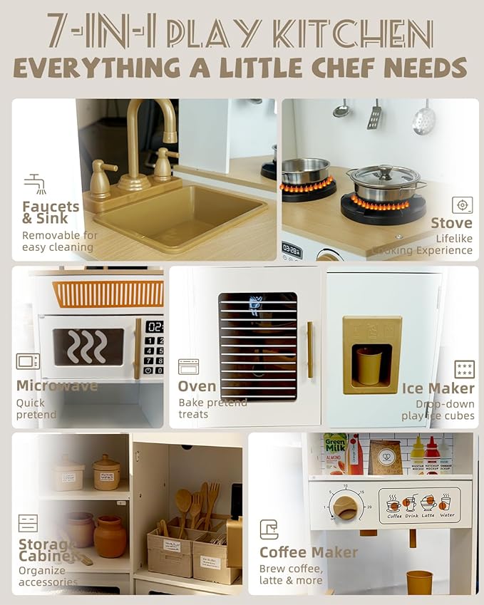 YUG Kids Play Kitchen Set with Real Lights & Sounds Toddler Kitchen Playset Including Stove, Oven, Ice Maker, Range Hood, Corner Pretend Kitchen Toy for Boys Girls Ages 3+, ASTM CPSIA Compliant