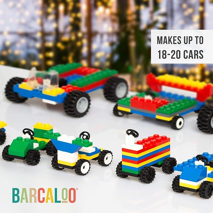 Barcaloo 144 Piece Wheels and Axles Sets, Building Bricks Car Parts and Pieces Kit - Car Building Set with Wheels, Axles & Windshields