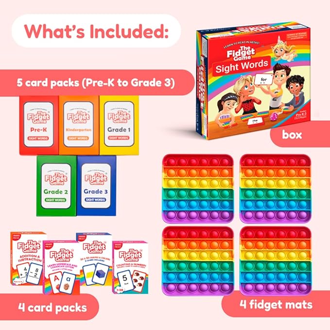 THE FIDGET GAME Kindergarten Learning Bundle - Flashcards and Pop Fidget Toys for Kids Pre-K to Grade 3 - Learning Activities and Games for High-Frequency Dolch Sight Words - Includes Mats and Dice