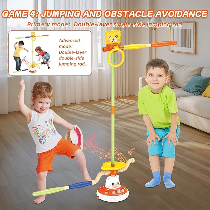 Sports Outdoors Play Set Toys - 5 in 1 Musical Jump Ring Toss Game Stomping Launch Rocket Launcher Basketball Throw for Kids - Indoor Outside Obstacle Avoidance Gifts for Toddlers Ages 4-8 8-13