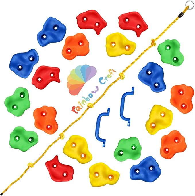 Rainbow Craft DIY Monkey Rock Climbing Holds for Kids - Wall Climbing Rocks of 20pc Rock Wall Holds, 2pc Handles & 1pc 8ft Knotted Climbing Rope - Kids Rock Climbing Holds Rock Wall Climbing Kit