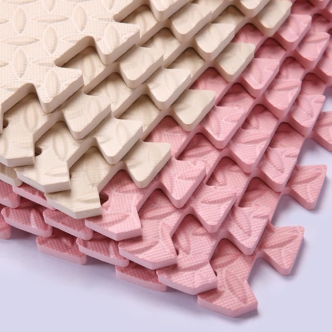Foam Play Mat for Baby, 0.4 Inch Thick Foam Interlocking Floor Mats, Soft Non-Toxic Baby Playmat, Solid Colored Puzzle Play Mat Kids Floor Mats, 16 Tiles, Beige/Loli Pink
