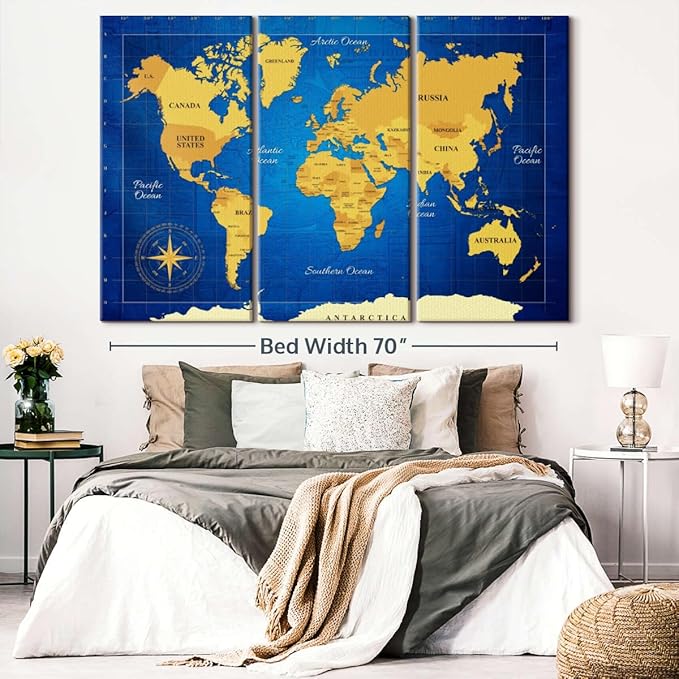 ElephantStock Yellow Longitude World Map Multi Piece Canvas - 3 Panel Wall Decor - Map of the World Art - Canvas for the Office and Home - 74" X 48"