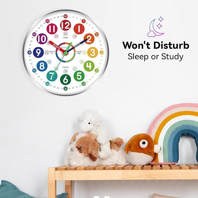 Wall Clock for Kids Learning - Teaching Time Wall Clocks Battery Operated Silent Non Ticking - Analog Colorful Clock Decorative for Kids Room Classroom School(14 Inch&Silver)