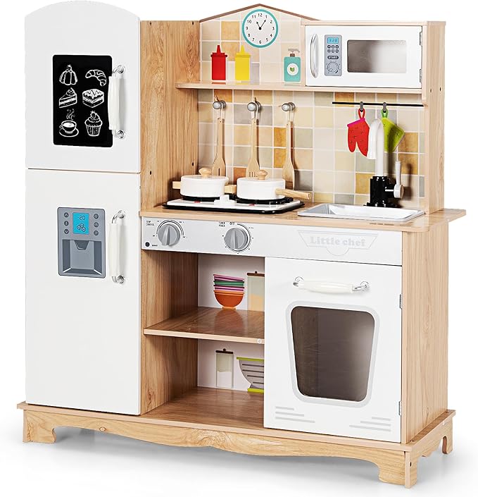 Costzon Kids Kitchen Playset, Wooden Toddlers Toy Kitchen with Light & Sound, Microwave, Ice Maker, Oven, Sink & Faucet, Cooking Accessories, Pretend Play Kitchen, Gift for Boys Girls Age 3+