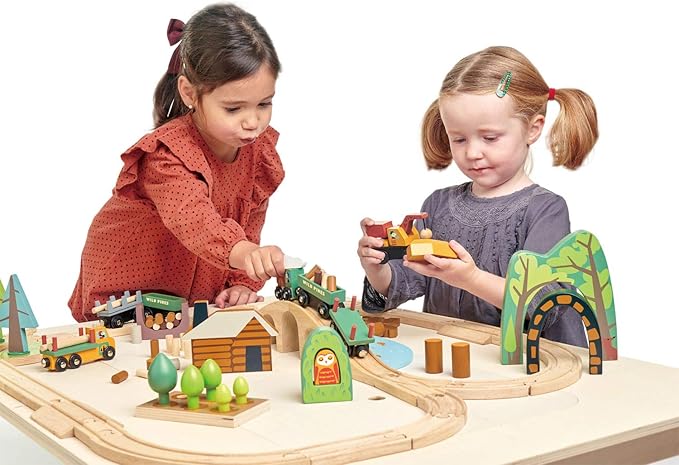 Tender Leaf Toys - Wild Pines Train Set - 95 Pieces Wooden Train & Bridge Set for Kids, Toddler Boys & Girls - Compatible with Most Toy Trains - Age 3+