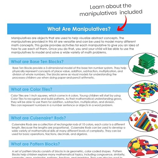 hand2mind-93538 Take Home Math Manipulatives Kit for Kids Grade K-2, with Snap Cubes, Base Ten Blocks, Cuisenaire Rods, Pattern Blocks, Color Tiles and Learning Clock, Homeschool Supplies (292 Pieces)