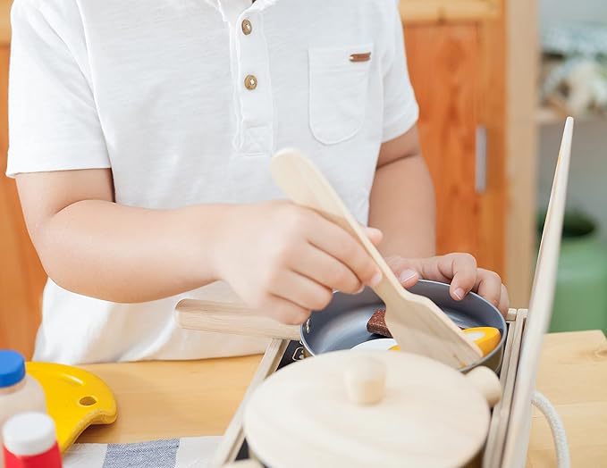 PlanToys Wooden and Metal Cooking Utensils, Pots, & Pans Kitchen Playset (3413) | Sustainably Made from Rubberwood and Non-Toxic Paints and Dyes