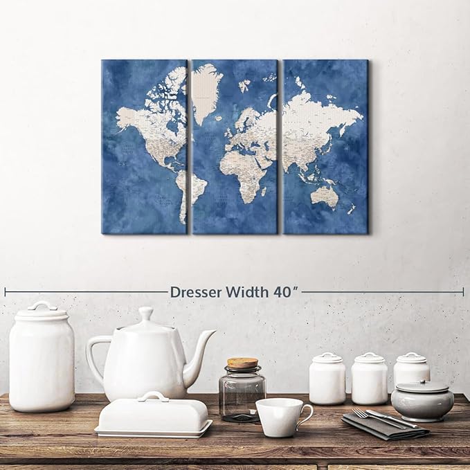 ElephantStock Detailed World Map With Cities I Wall Art - Horizontal Canvas - 3-Piece Living Room Decor - Watercolor Map Canvas Print - Beige and Blue Wall Decor by Blursbyai - 23" X 14"