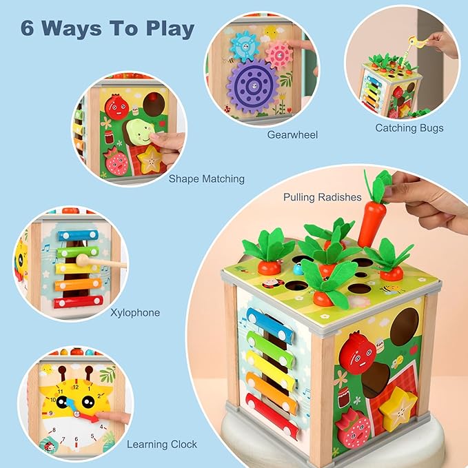 Wooden Baby Activity Cube,Montessori Developmental Toddler Educational Learning Toys, Sorting & Stacking Game