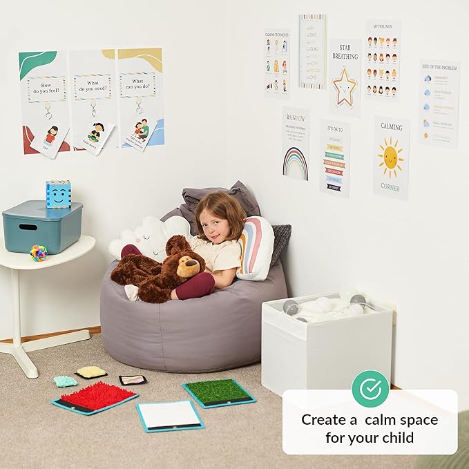 ODOXIA Calm Down Corner | Classroom and Special Education Must Haves | Calming Corner Items for Kids | Calming Corner Kit with Sensory Mats, Posters, Solutions Wall, Sensory Toys