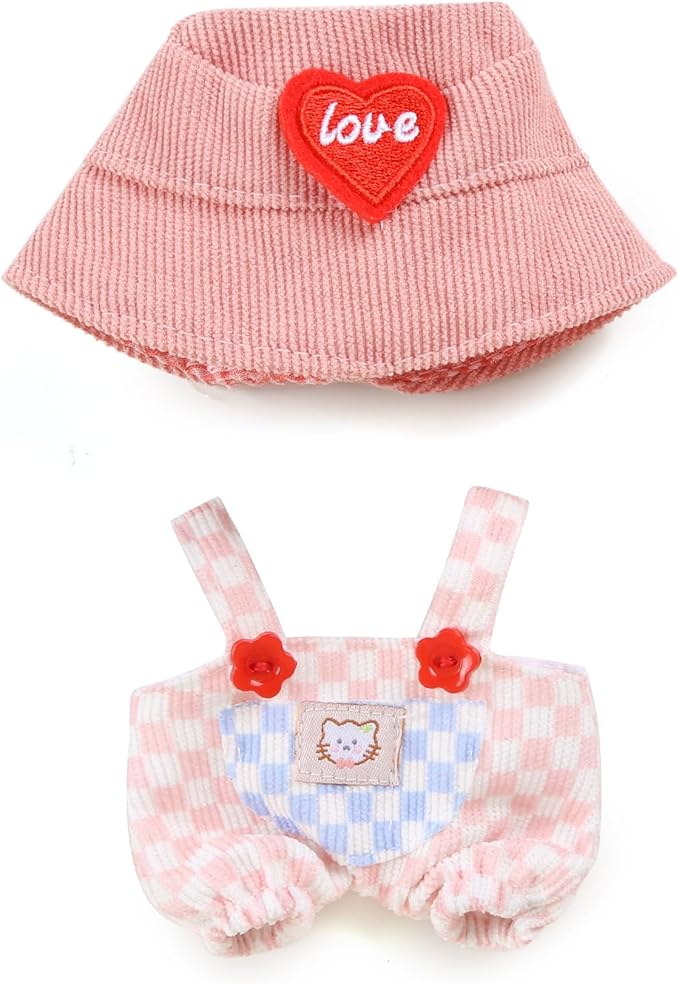 17cm Doll Clothes for Labubu - Kawaii Chic Style Set for 17cm Dolls, Cute Doll Outfit with Accessories - Pink and White Check Romper + Heart Shaped Pink Hat (Clothes Only)