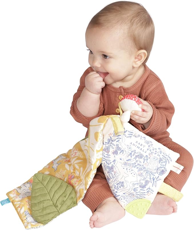 Manhattan Toy Deer One Soft Activity Crinkle Book & Fold Out Pat Mat for Baby, Toddler with Squeaker, Discovery Mirror and Teether