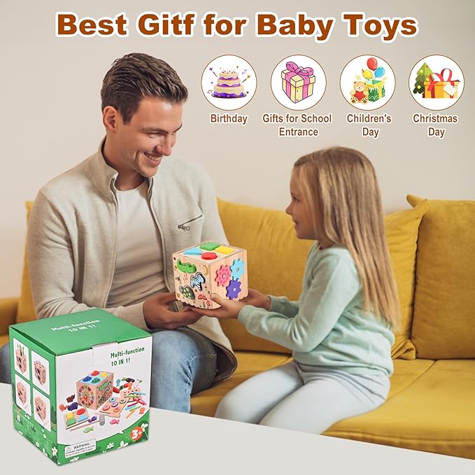 Wooderma Activity Cube, 10-in-1 Wooden Montessori Toys for Toddlers,Multipurpose Educational Sensory Toy for Baby, Preschool Learning Fine Motor Skills Game, First Birthday Gifts for 3 4 5 Year Old