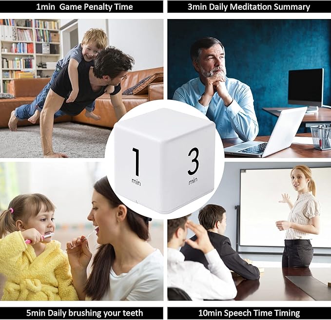 Feilifan Cube Timer - Kids ADHD Productivity Workout Flip Timer for StudyTime & Classroom - Countdown Management Settings 1, 3, 5, 10 Minutes, White