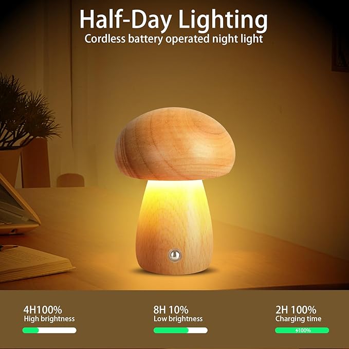 2 PCS Small Wooden Mushroom Lamp, Portable Cordless Rechargeable LED Touch Dimming Night Light, Perfect for Kids' Bedrooms, Nurseries & Gifts for Women, Natural Brown Finish