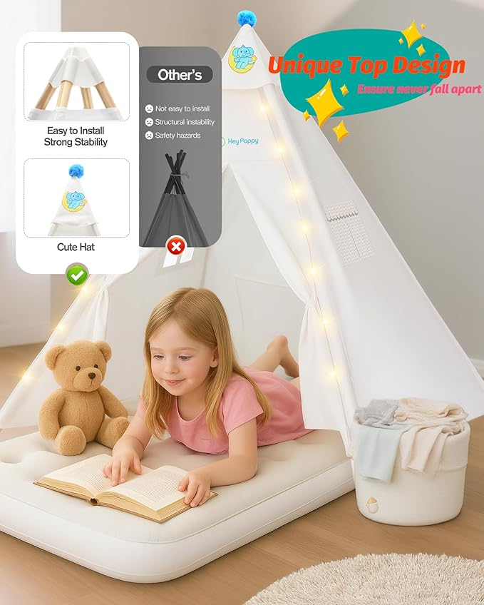 3 Pack Teepee Tent for Kids with Inflatable Airbed, Light, Toddler Tent Children Room Tents, Slumber Party Sleepover Tents, Indoor Outdoor Kids Playtent Playhouse for Girls & Boys
