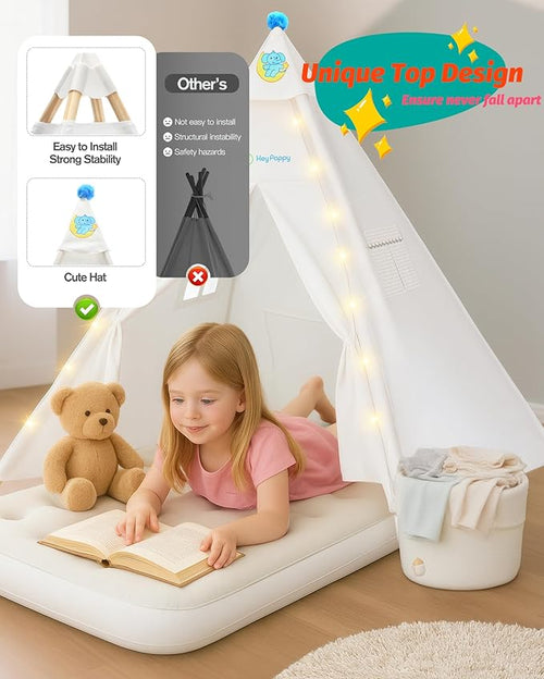 3 Pack Teepee Tent for Kids with Inflatable Airbed, Light, Toddler Tent Children Room Tents, Slumber Party Sleepover Tents, Indoor Outdoor Kids Playtent Playhouse for Girls & Boys