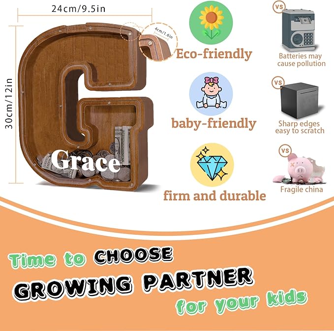 Wooden Letter Piggy Bank for Kids Larger Letter Piggy Bank for Boys and Girls Personalized Piggy Bank Initial Coin Bank Wood Kids Money Bank for Birthday and Festival