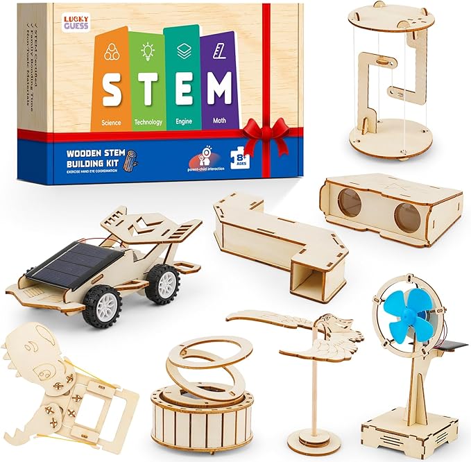 8 in1 STEM Science Kit for Kids Age 8-14, Wooden Physics Experiments & Solar Engineering Kits, Build Solar Car, Anti-Gravity Device, Telescope, Periscope & Dinosaur Claw, Gifts for Boys Girls