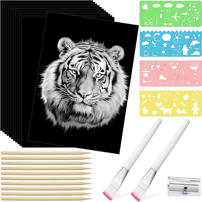 Noveread 67 Pcs Scratch Paper Art Set Scratchboard Craft Kits Black Coated Scratch Paper Wood Art Stylus and Stencils for DIY Birthday Party Gift Supplies (7.2 x 5 Inch)