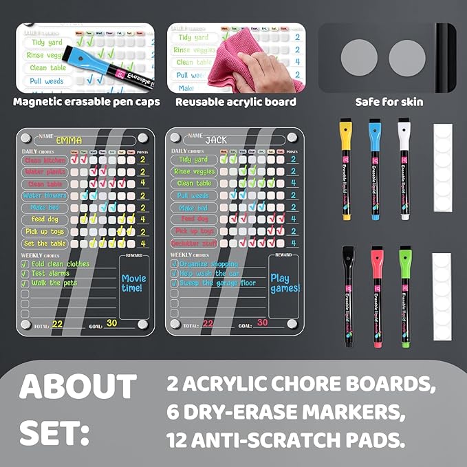 Acrylic Magnetic Chore Chart for Kids Multiple Kids, Clear Chore Board for Fridge Refrigerator, Behavior Reward Responsibility Chart, 2 Dry Erase Chores Chart for Kid with 6 Markers & Anti-Scratch Pad