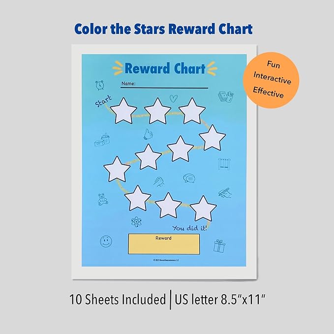 Color The Stars - Reward Chart for Kids (10 Sheets Included) - Child Gets Reward When They Complete a Sheet - Behavior Chart - Incentive Chart - Rewarding Kids at Home