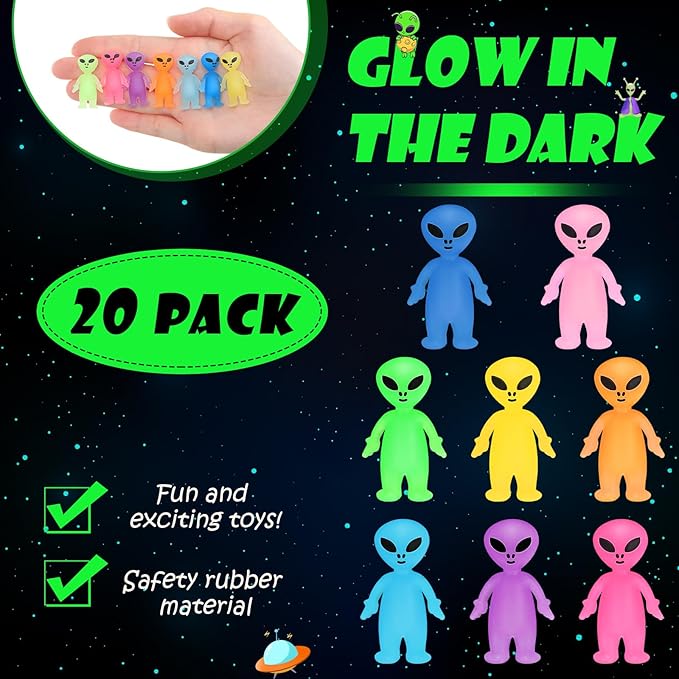 20 Pcs Colorful Mini Alien Figures Glow in The Dark Small Little Tiny Aliens Figurine to Hide and Seek for Space Party Favors Prank Gifts Halloween Party Goodie Bag Fillers, 8 Colors