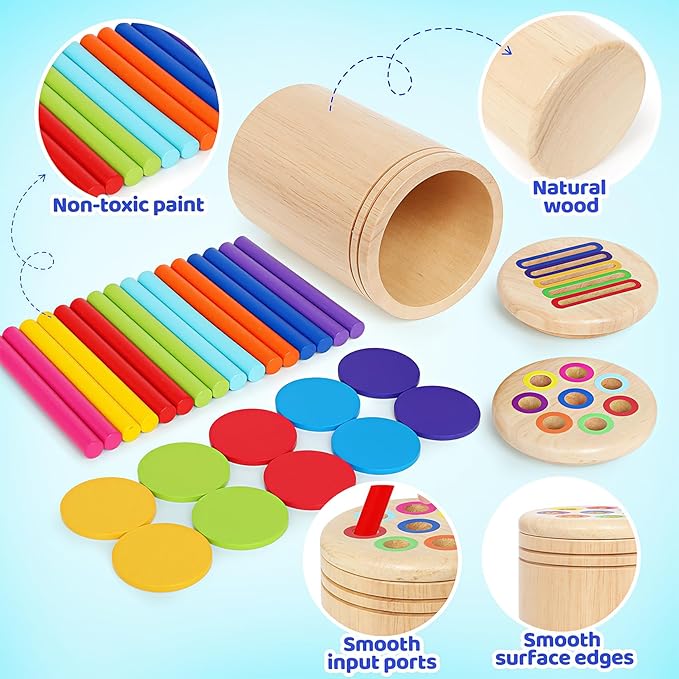 Montessori Toys for 1 Year Old, Color Classification Sensory Toy with Two Wooden Lids for Toddlers Age 1 2 3, Fine Motor Skills Sensory Toys for 18 Month Old boy Girls Gifts