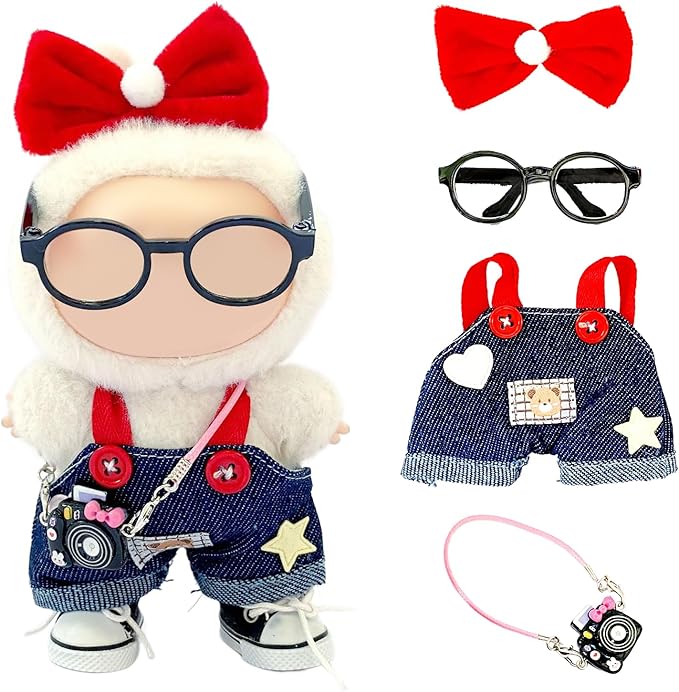 Overalls Doll Clothes,17cm/15cm Dolls Outfit Set,Stylish Clothes Set Dress Up (No Doll) (Blue Overalls Suit+Bow)