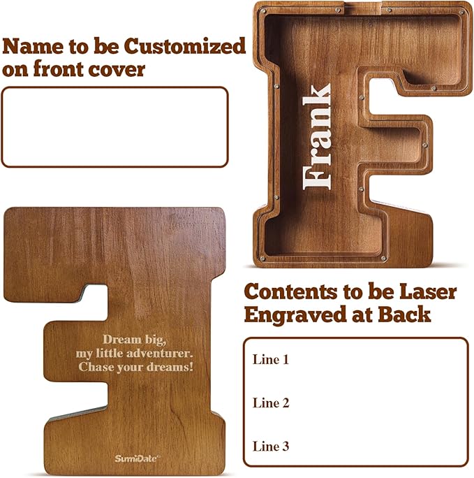 Summidate Customized Name Extra Large Wooden Piggy Bank for Kids Boys Girls Alphabets Letter A-Z Coins Bills Money Change Saving Box Clear Cover (Laser Engraved) Educational Toys 12"- Letter F