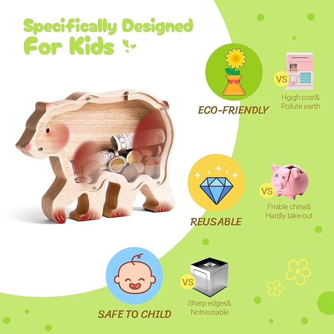 Wooden Bear Piggy Banks for Kids, Cute Unbreakable Money Coin Bank Jar, Safe Money Box, Transparent Saving Jar, Birthday Anniversary Baptism Gifts for Boys Girls Toddler Bear Lovers