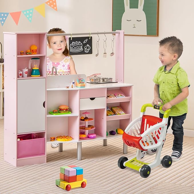 Costzon 2-in-1 Kids Kitchen Playset & Grocery Store, Double-Sided Pretend Play Kitchen with Light & Sound, Ice Maker, Sink & Faucet, 82 Accessories, Toddler Market Stand for Boys Girls Ages 3+