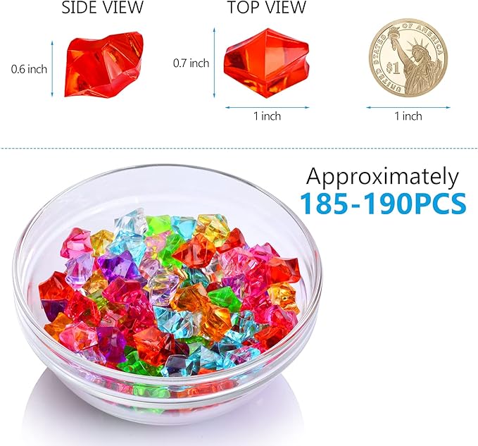 180-190pcs Premium Multicolored Fake Crushed Ice Rock Plastic Gems Jewels Acrylic Ice Rock Crystals Treasure Fake Diamonds Plastic Ice Cubes for Kids Toy Decoration Wedding Display Vase Fillers Crafts