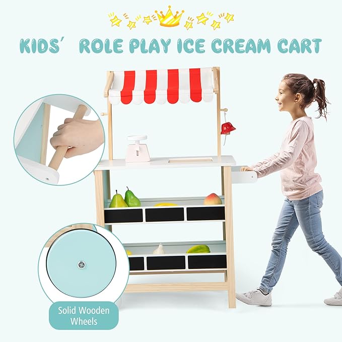 Costzon Kids Pretend Play Grocery Store, Wooden Ice Cream Cart Toy Set for Kids with Ice Cream Making Counter, Scale, Bell, Display Shelves, Black Board, Canopy, Solid Wooden Wheels, Gift for Toddlers