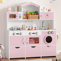 Keyluv Wooden Play Kitchen for Kids and Toddler, Montessori Toy Kitchen Playset with Plenty of Pretend Play Features and Storage Drawers, Gift for Boys and Girls, Pink