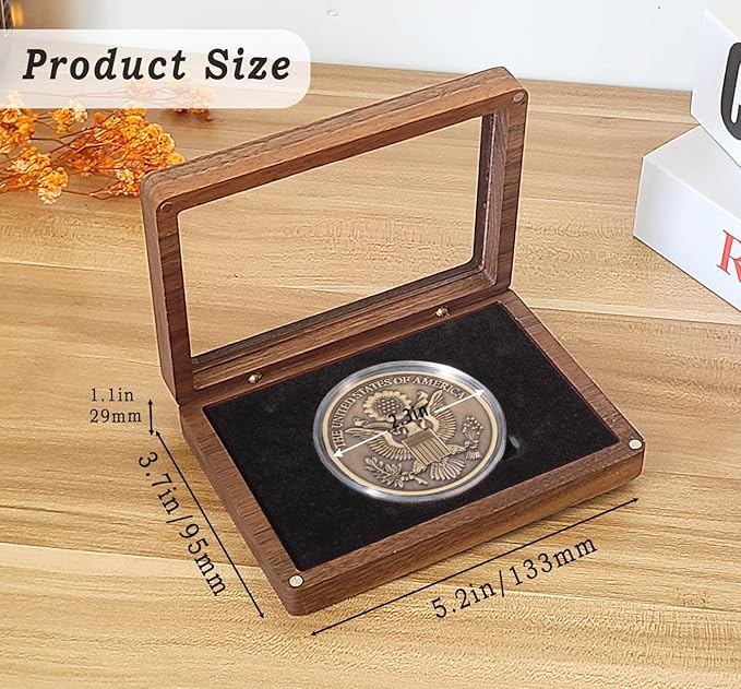 Challenge Coin Display Case Silver Dollar Coin Holder 2.3-2.5" in Single Coin Display Case Wood Coins Storage Box Coin Cases for Collectors