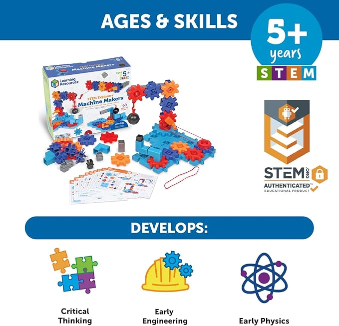 Learning Resources STEM Explorers Machine Makers, 60 Pieces, Ages 5+, STEM Toys, STEM Building Toys, STEM Kits, Engineering Toys, Build it Yourself Toys,Stocking Stuffers